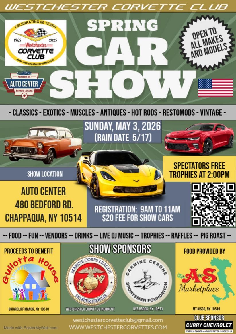 WCC Spring Car Show in Chappaqua, NY on May 3rd, 2026