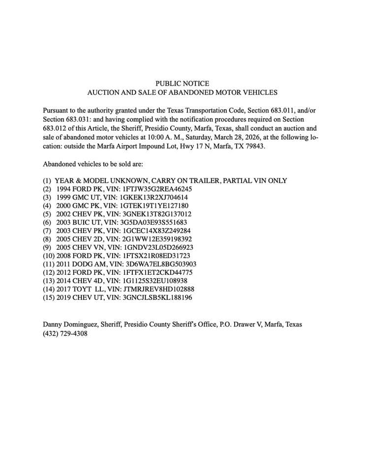 Vehicle auction rescheduled to March 28, 2026 - NewsBreak